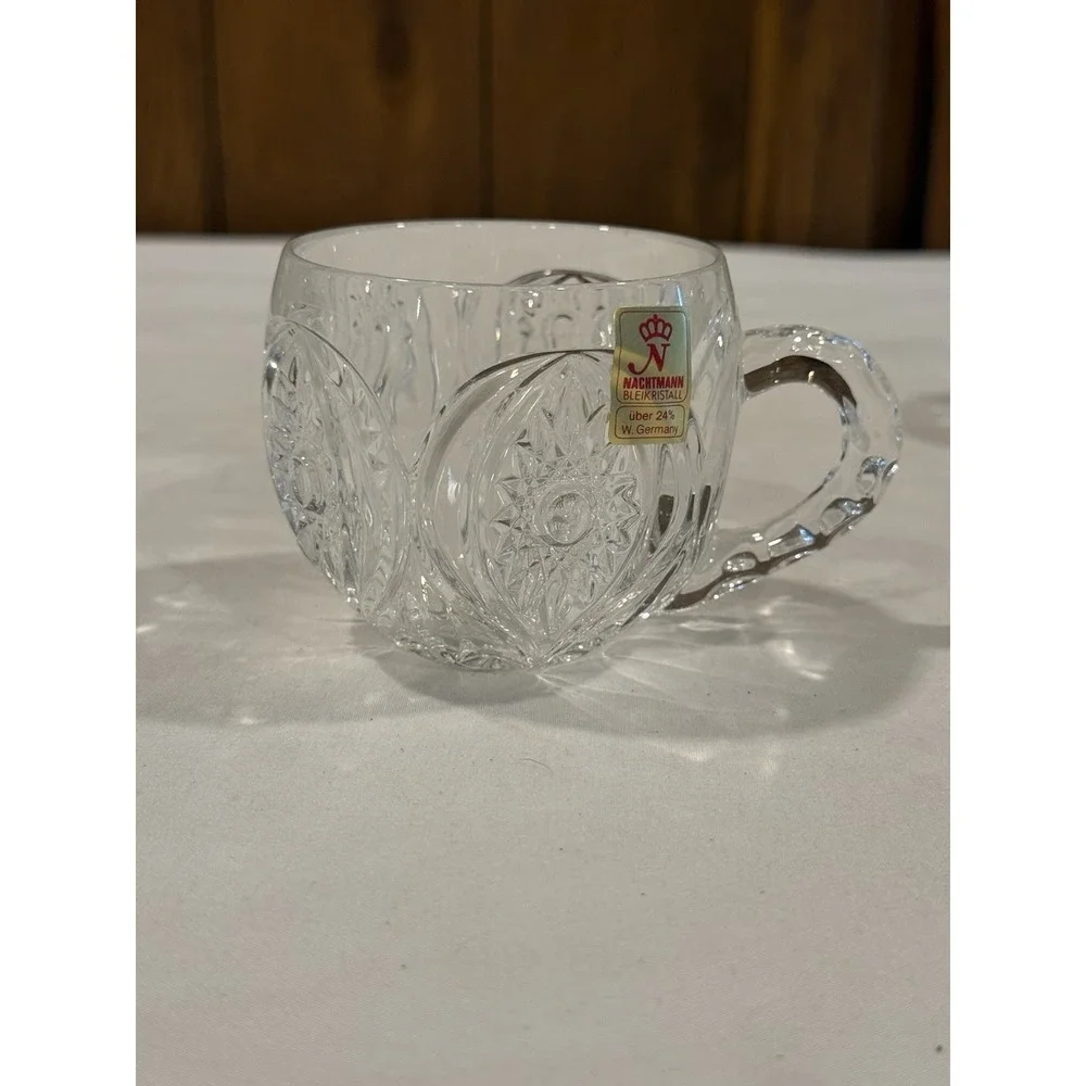 Vintage Barware Mid Century Crystal Pinwheel Etched Beer Mug Set W/ Original Box